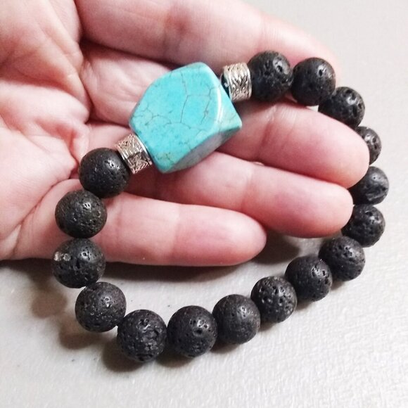Turquoise Howlite & Black Lava Rock Bracelet! Thick, Solid & Chunky Stone Beads - Picture 3 of 8